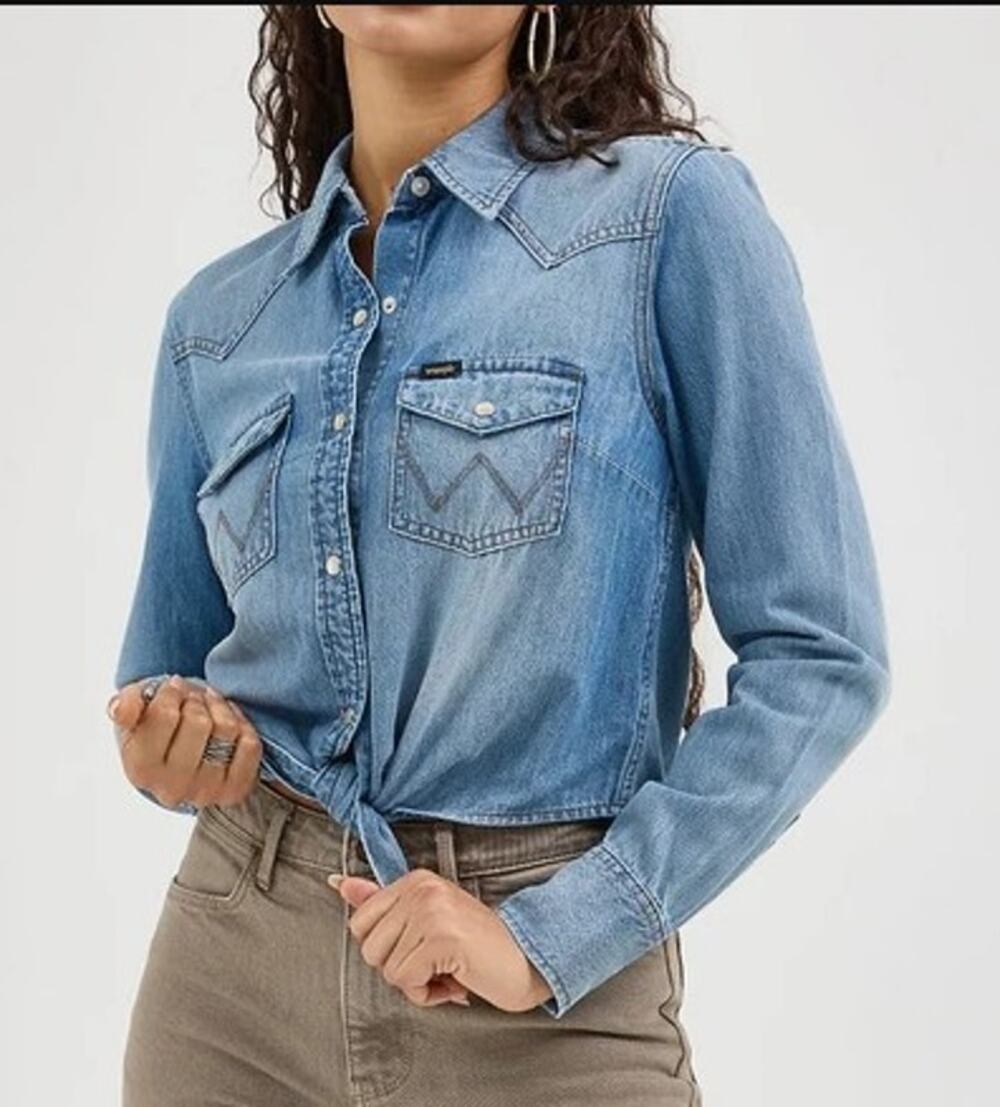 Wrangler LS Denim Pearl Snap Crop Top - Size Small